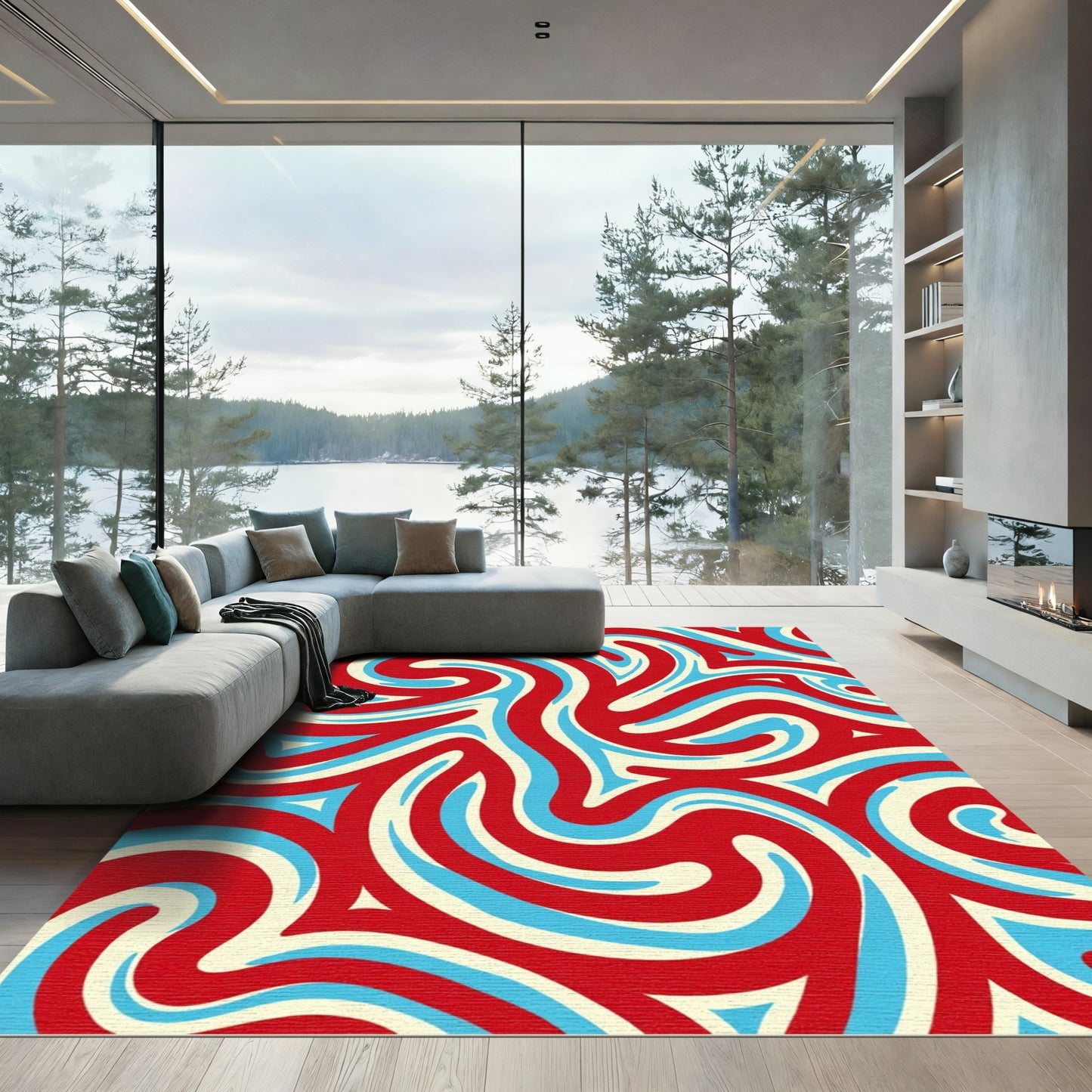Crimson Blue Swirl Fluid Pattern Rug