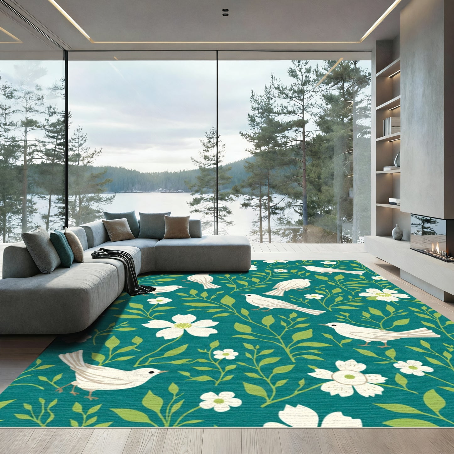Teal White Birds Floral Garden Rug