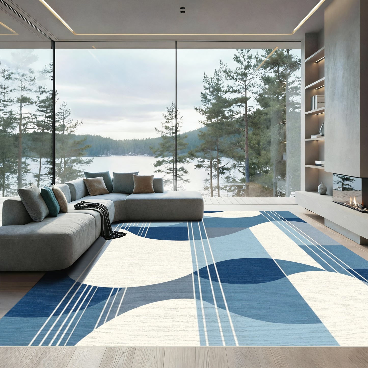 Mid Century Blue Abstract Wave Rug