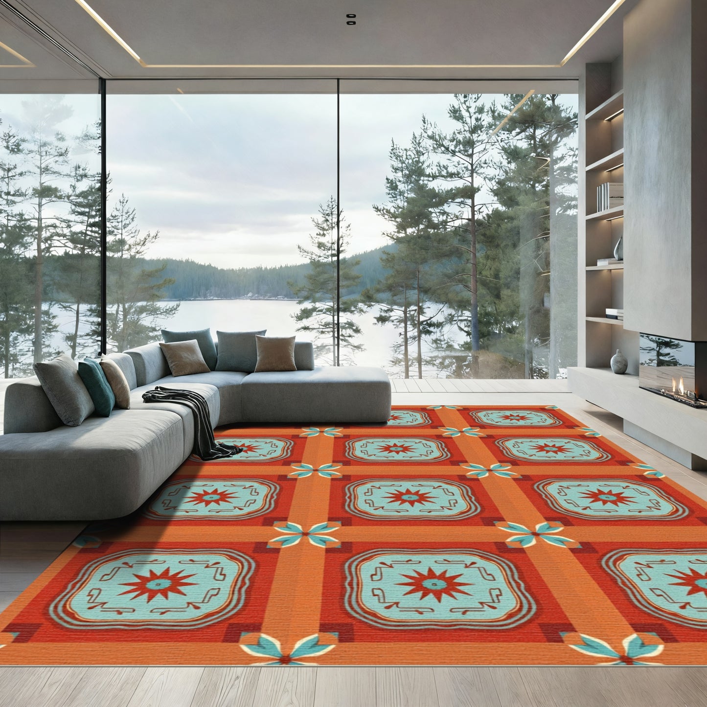 Terracotta Blue Starburst Tile Composition Rug