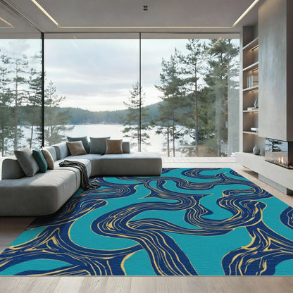 Deep Blue Teal Flowing Lines Rug