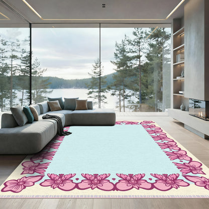 Pink Floral Border Light Blue Center Rug