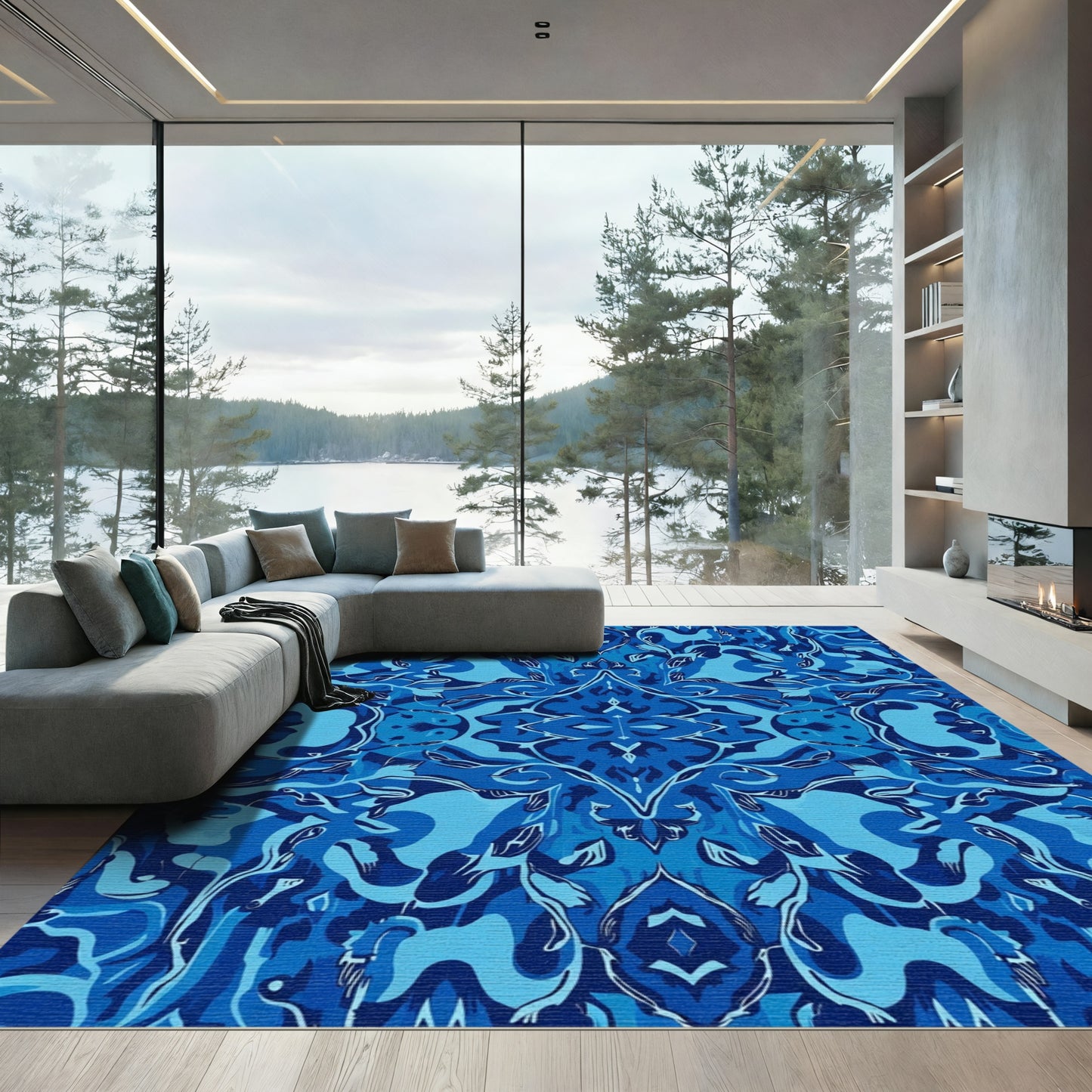 Intricate Cobalt Blue Floral Damask Rug
