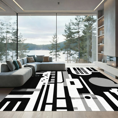 Dark Monochrome Geometric Composition Rug