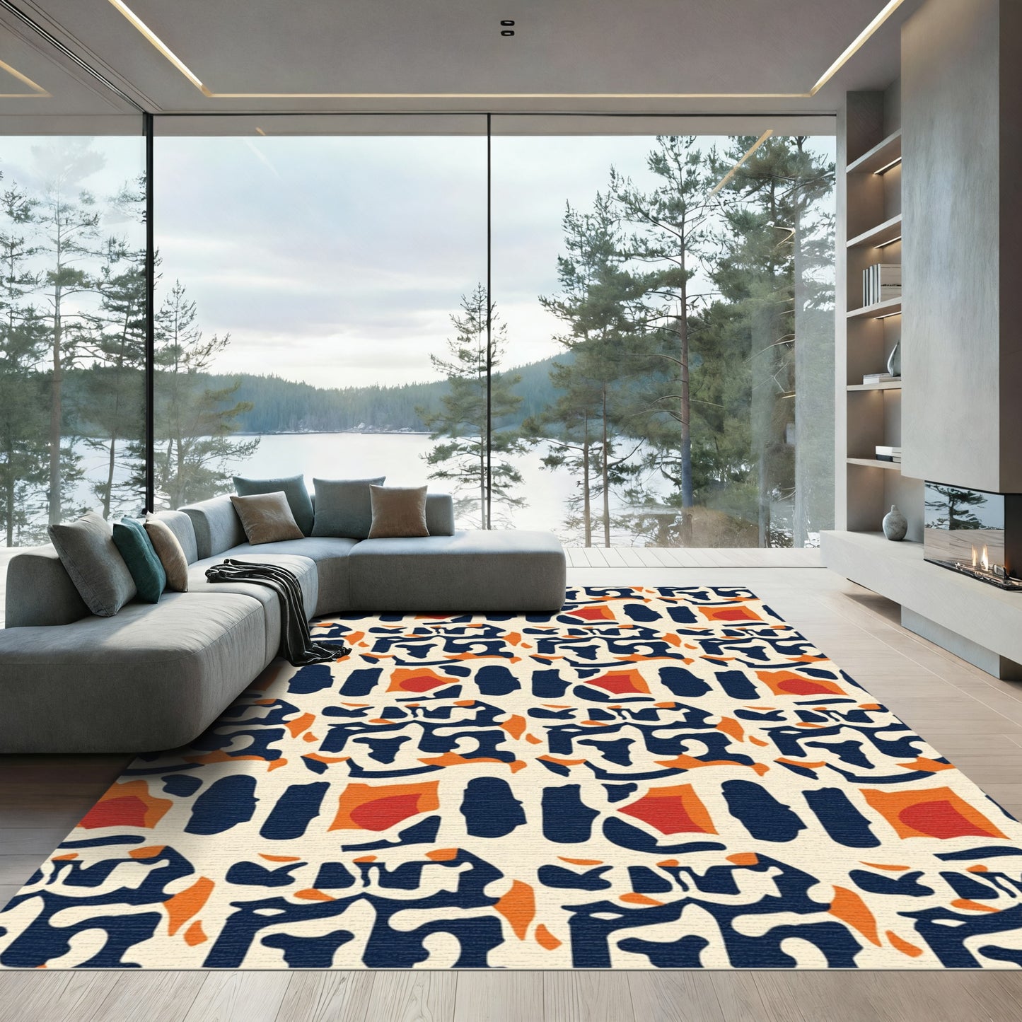 Abstract Ochre Red Midnight Shapes Rug