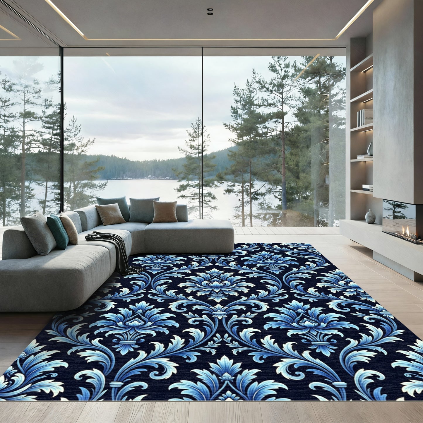 Royal Blue Damask Scroll Floral Rug