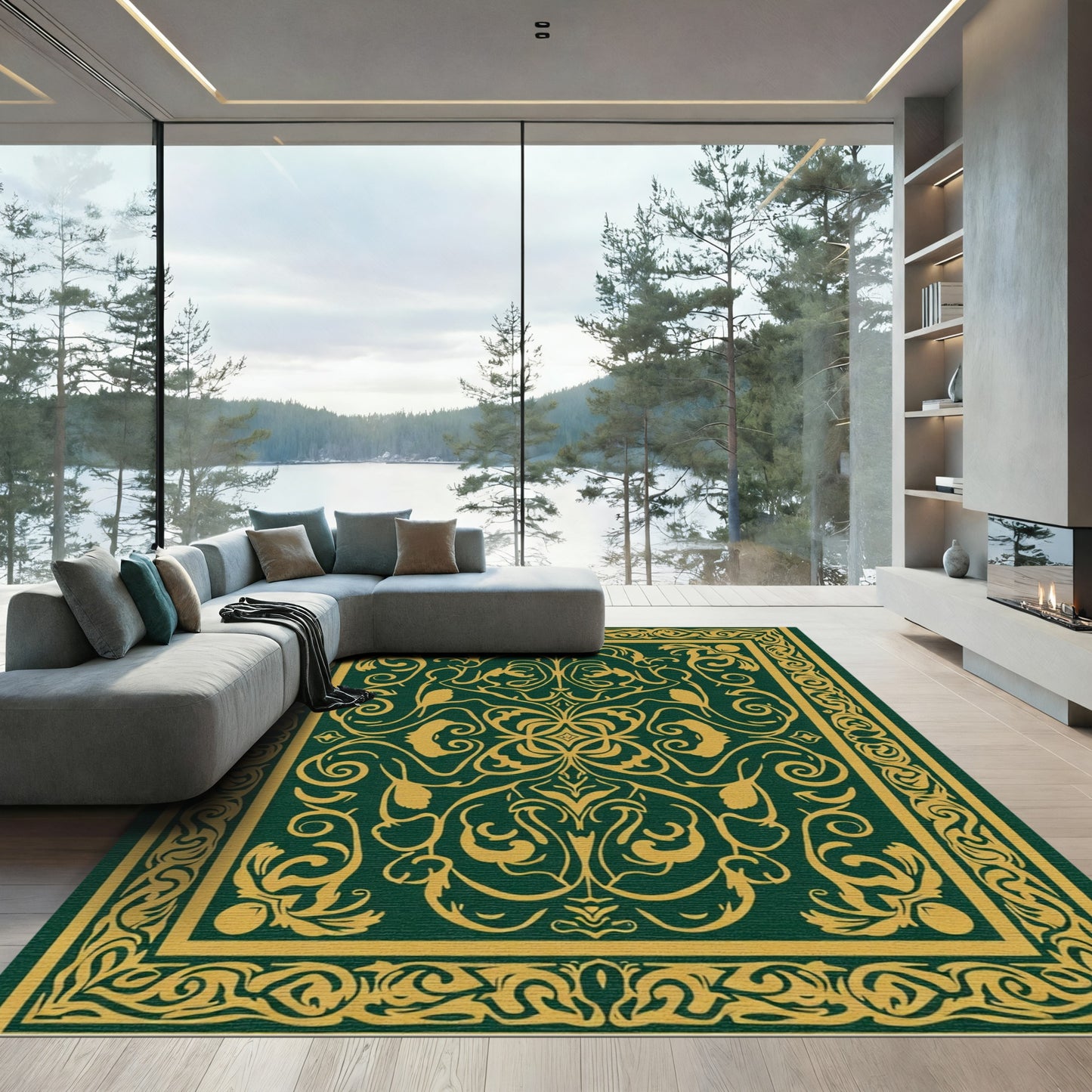 Ornate Emerald Golden Scrollwork Rug