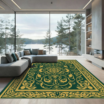 Ornate Emerald Golden Scrollwork Rug