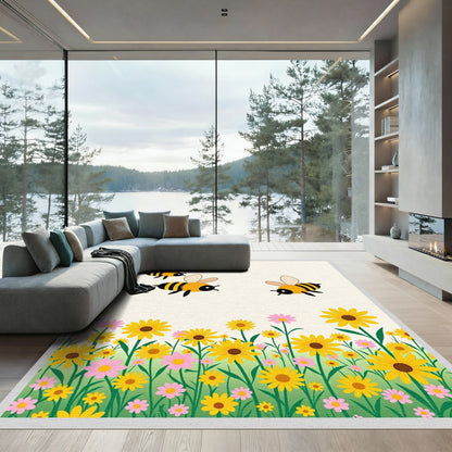 Whimsical Yellow Flower Bee Meadow Rug