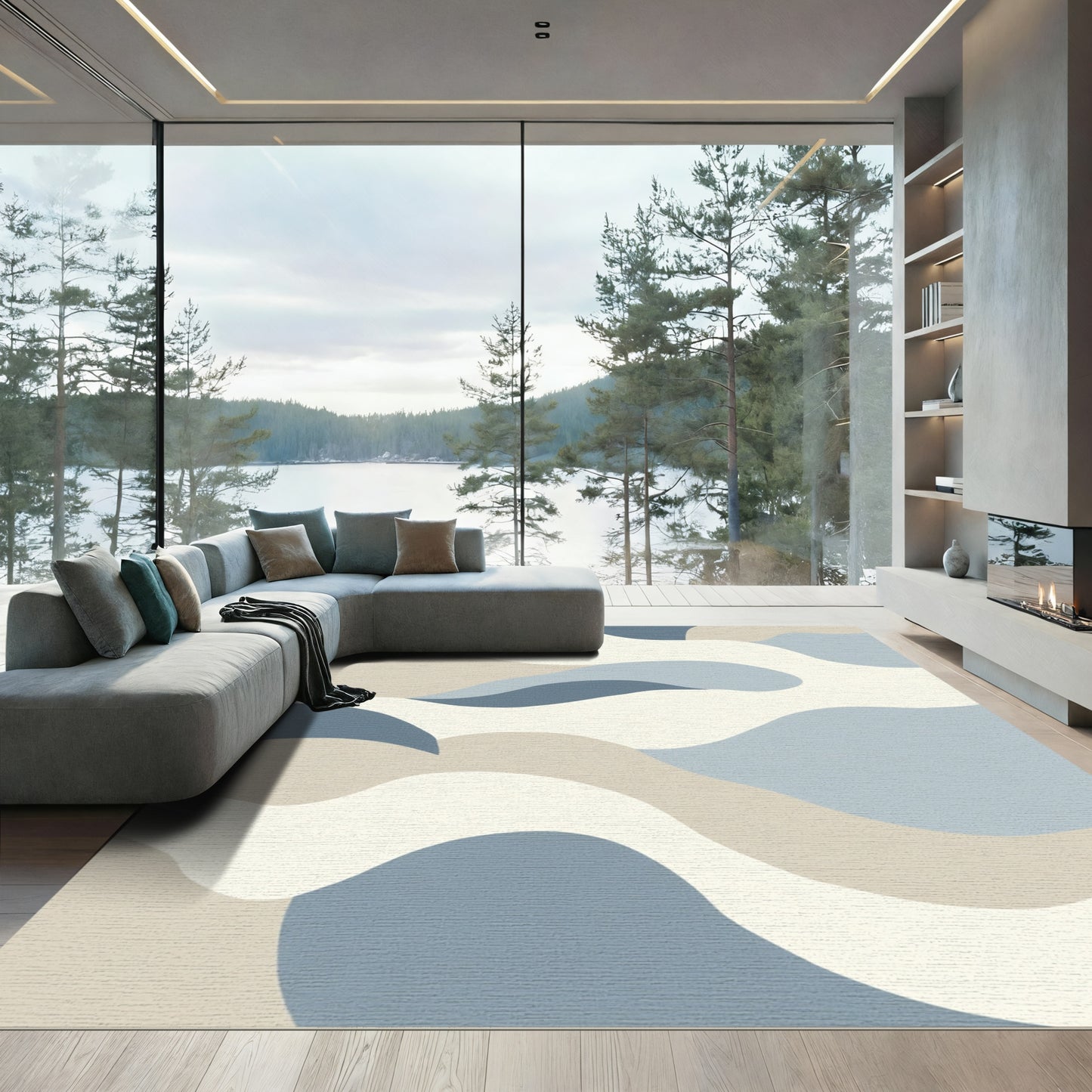 Soft Blue Beige Abstract Wave Rug
