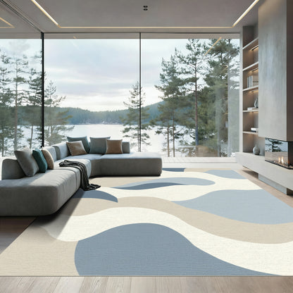 Soft Blue Beige Abstract Wave Rug