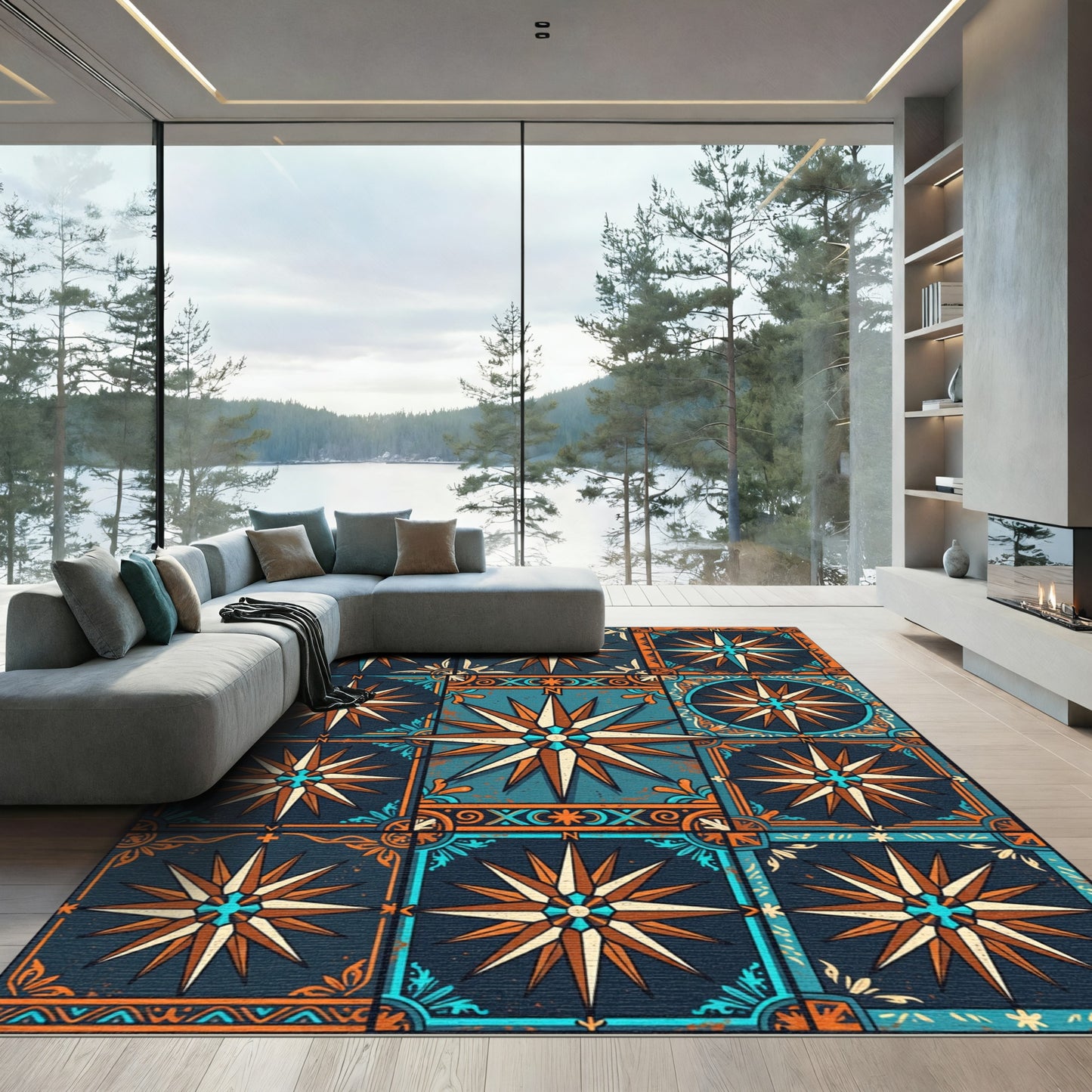Nautical Compass Rose Tile Artwork Rug