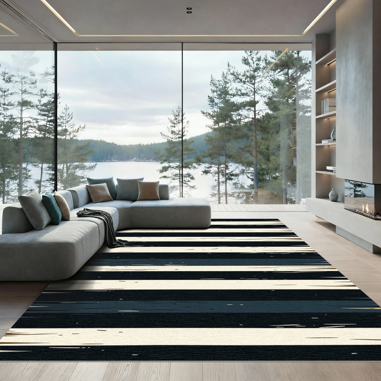 Distressed Black Cream Horizontal Stripe Rug