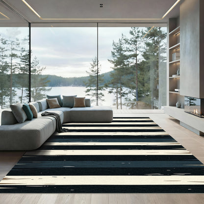 Distressed Black Cream Horizontal Stripe Rug