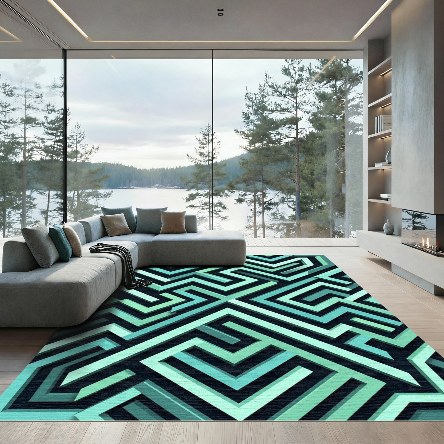 Teal Geometric Maze Labyrinth Rug