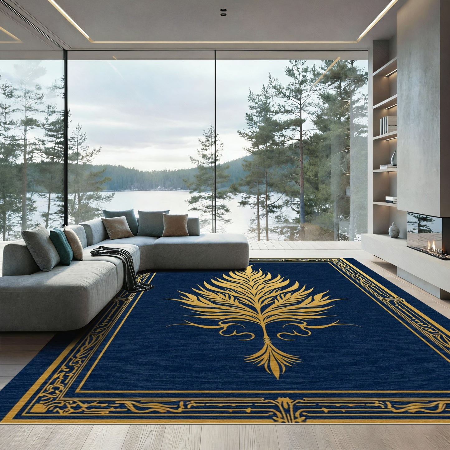 Golden Art Nouveau Foliage Navy Rug