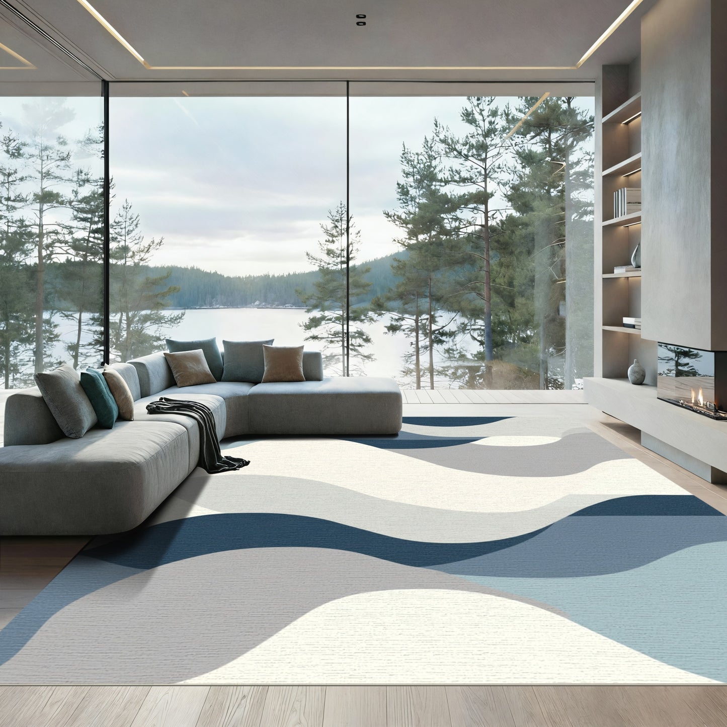 Abstract Blue Ivory Wave Landscape Rug