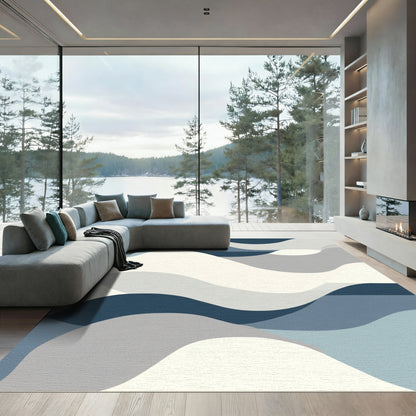 Abstract Blue Ivory Wave Landscape Rug