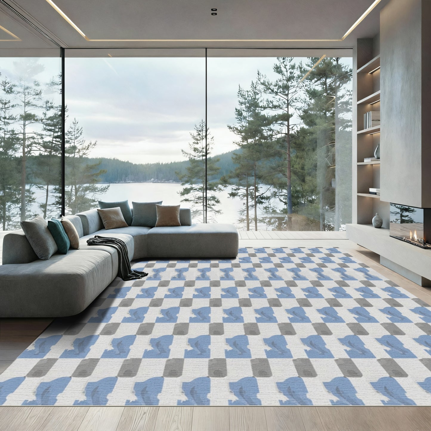 Pale Blue Gray Checkerboard Composition Rug