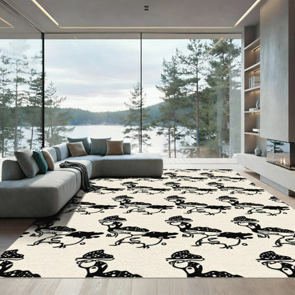 Whimsical Black Bird Motif Cream Rug