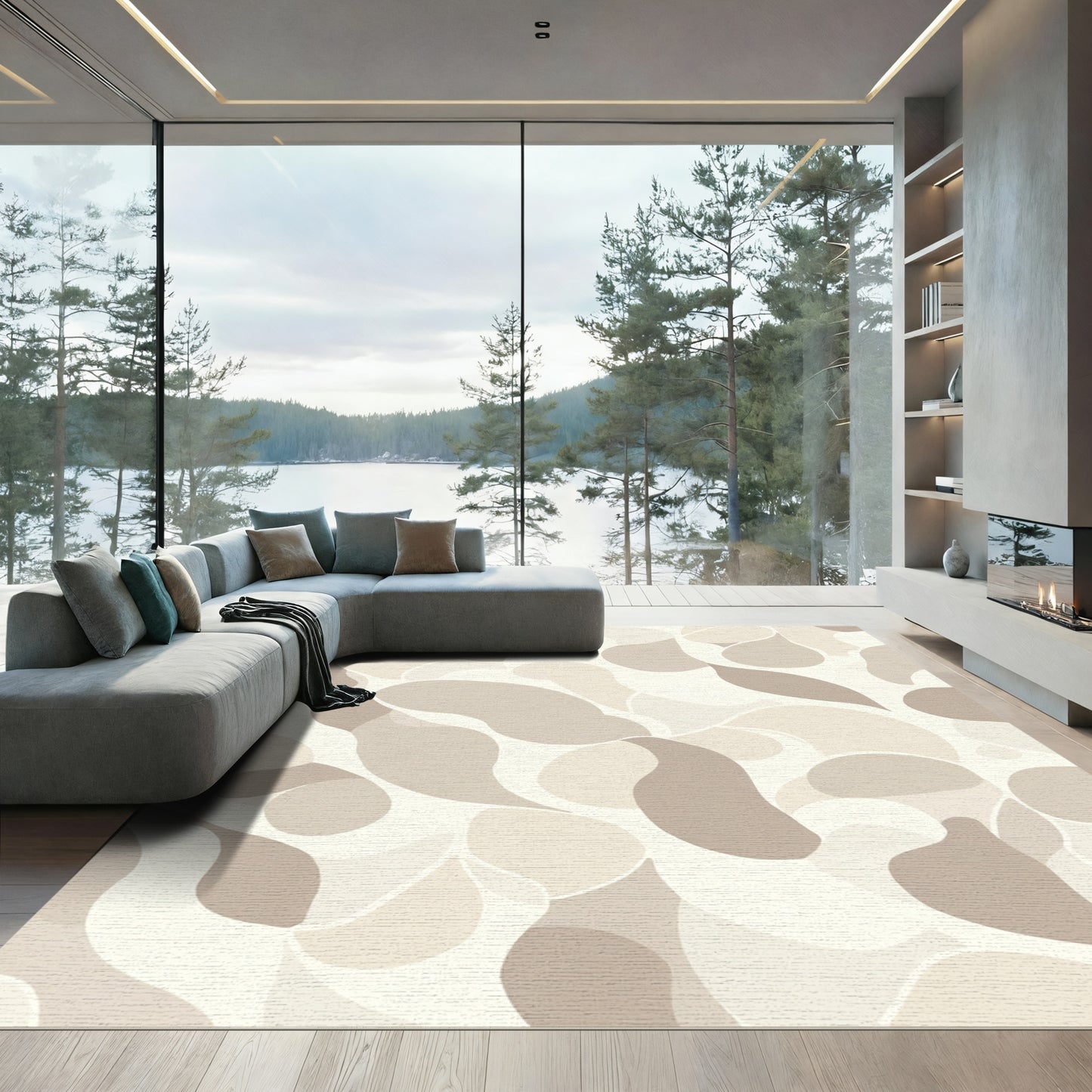 Abstract Beige Organic Droplet Shapes Rug