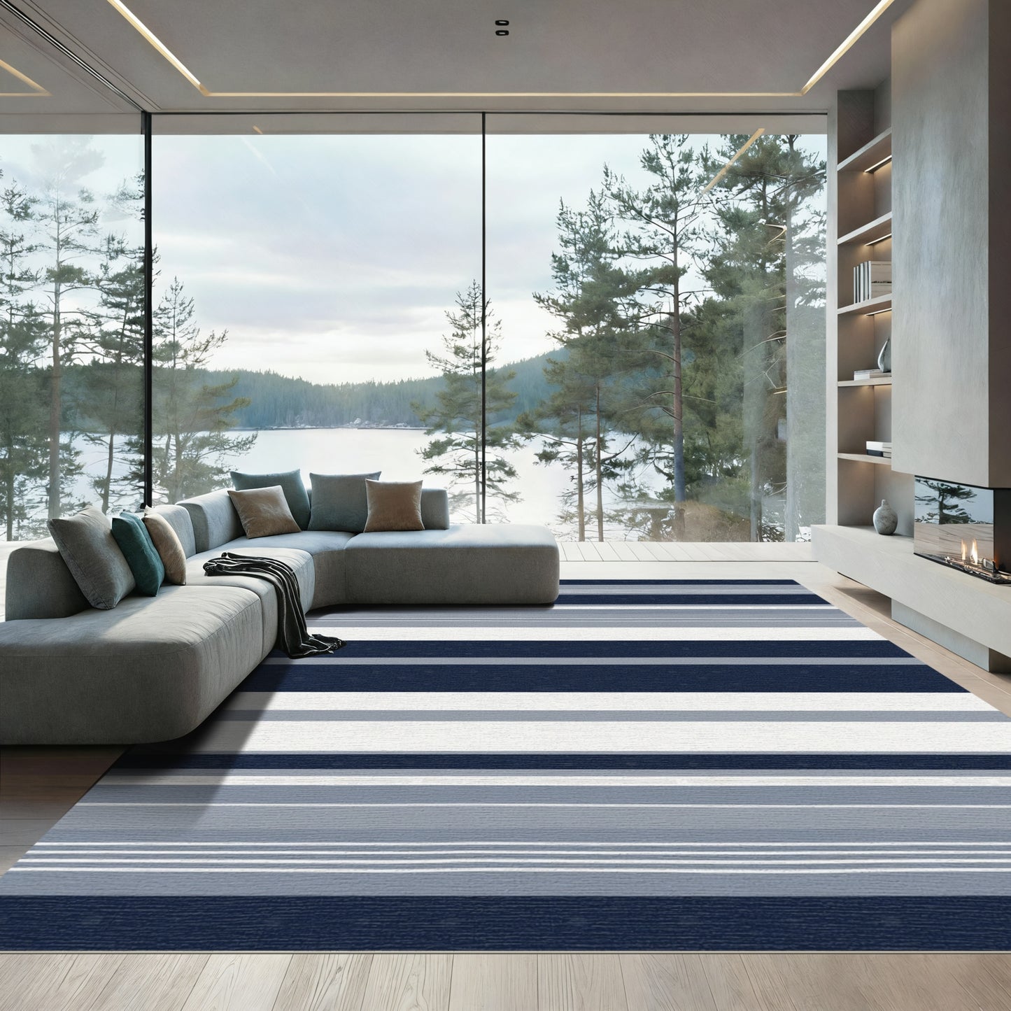 Navy Blue Grey Stripe Dot Rug