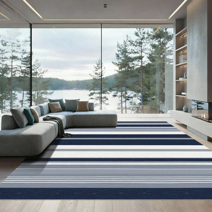 Navy Blue Grey Stripe Dot Rug
