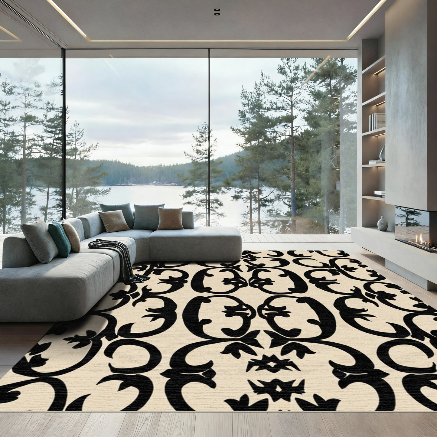 Black Cream Classic Scroll Medallion Rug