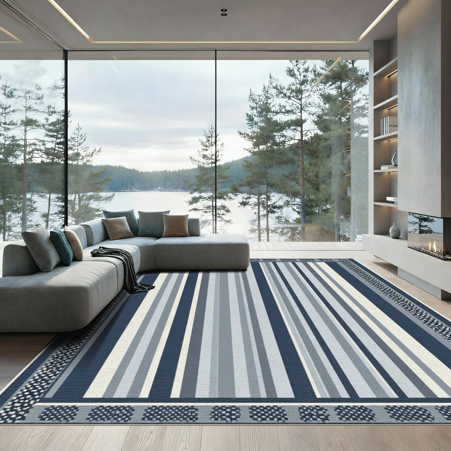 Cool Blue Vertical Stripe Border Rug