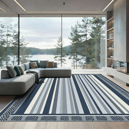 Cool Blue Vertical Stripe Border Rug