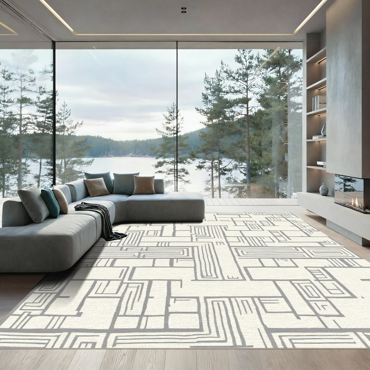Gray Maze Abstract Geometric Layout Rug