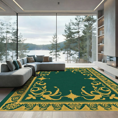 Ornate Gold Floral Border Emerald Rug
