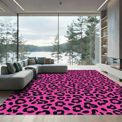 Vibrant Pink Black Leopard Spots Rug