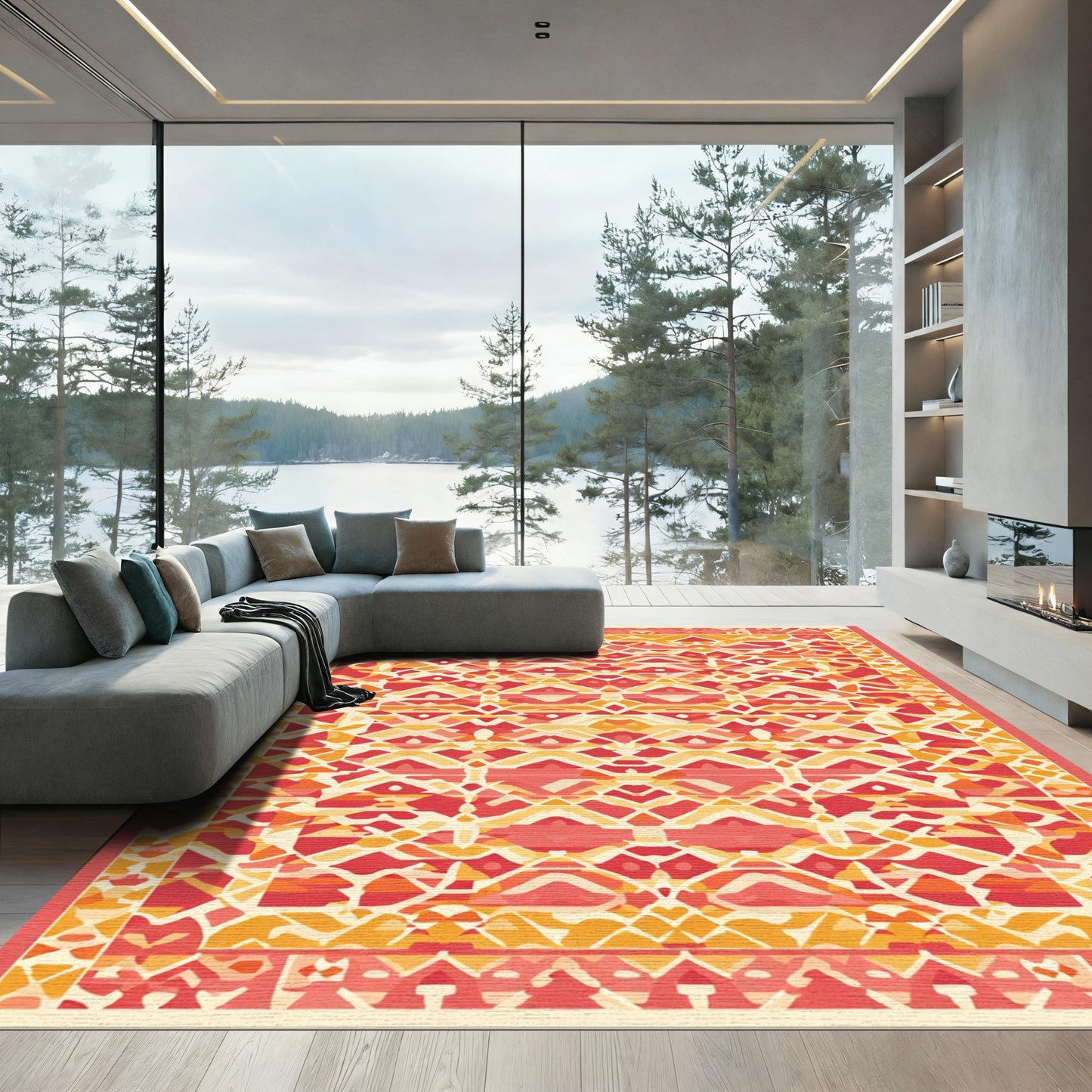 Crimson Gold Geometric Tribal Border Rug