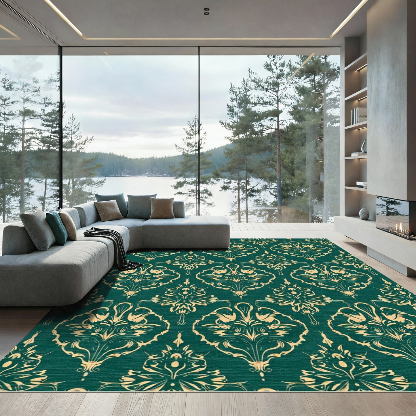 Emerald Gold Baroque Floral Medallions Rug