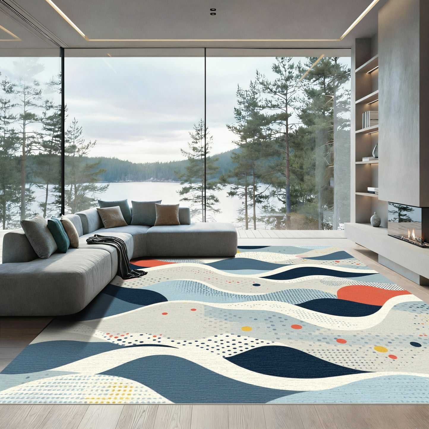 Mid Century Coral Blue Dot Landscape Rug