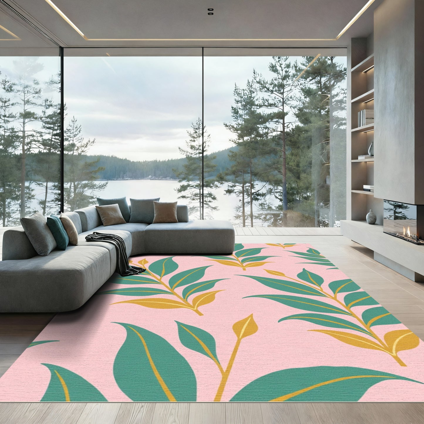 Teal Yellow Leaf Botanical Pink Background Rug