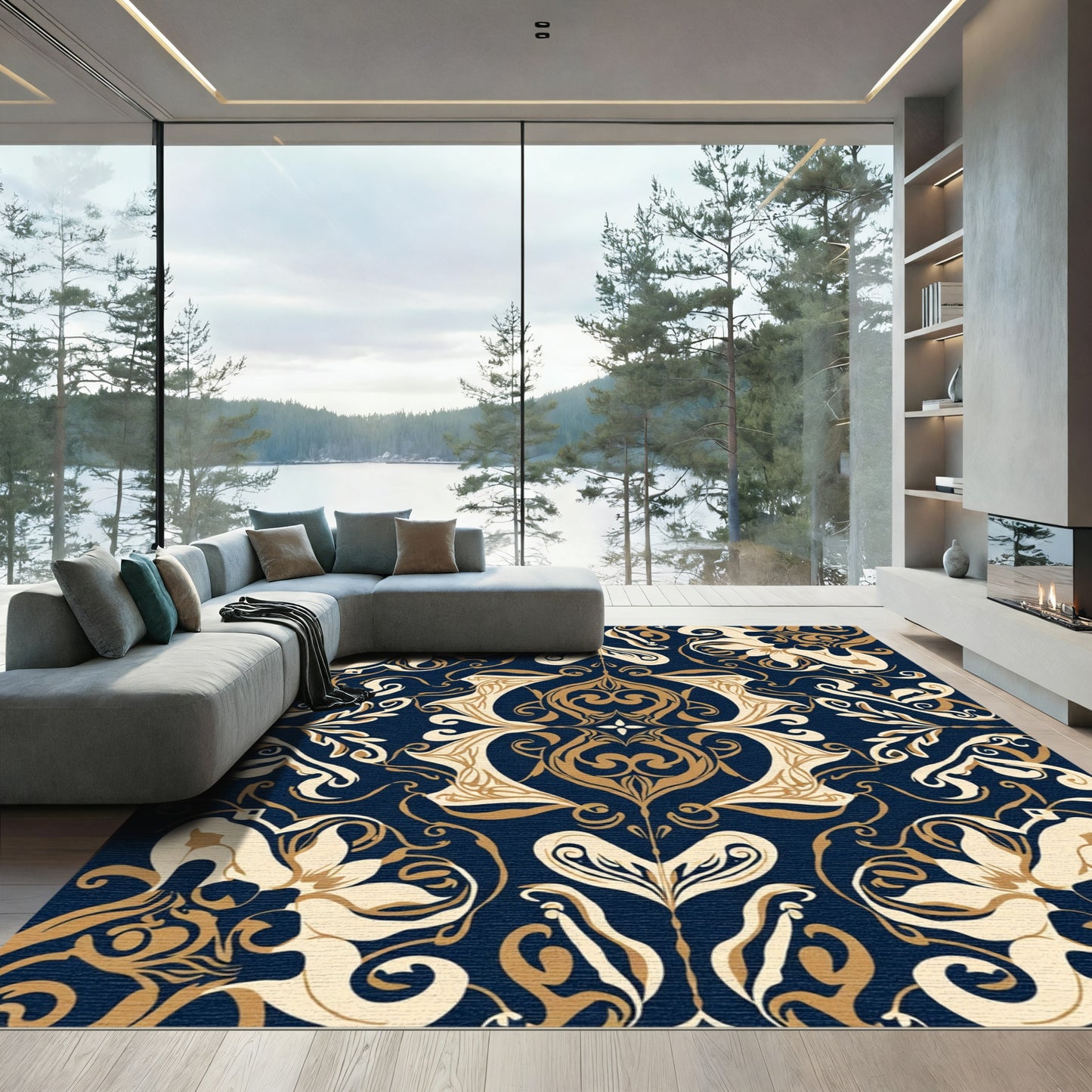 Navy Gold Floral Scroll Court Rug