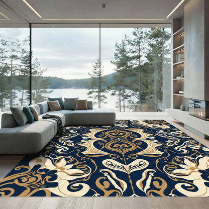 Navy Gold Floral Scroll Court Rug