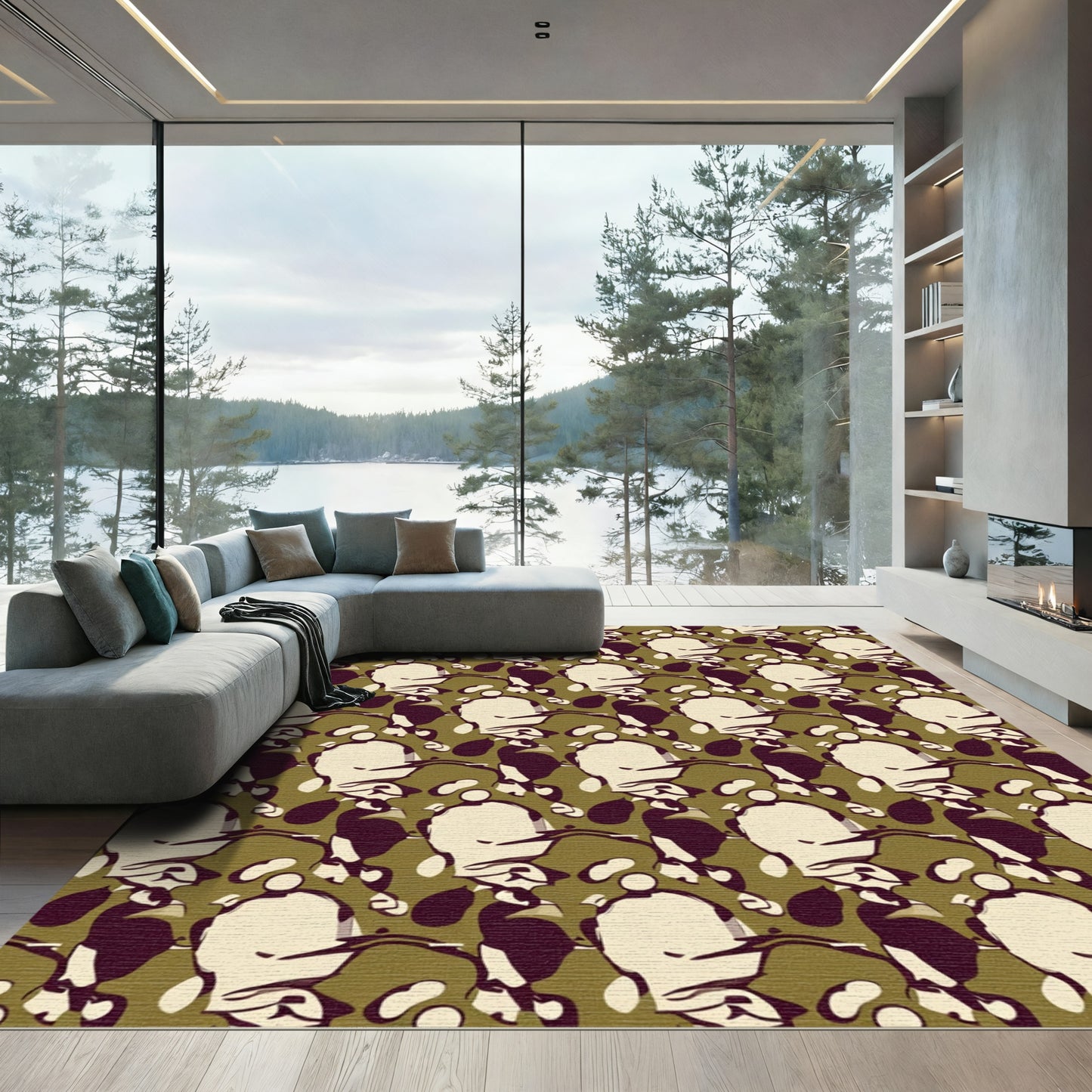 Abstract Organic Shapes Olive Cream Black Rug
