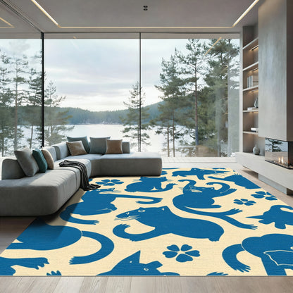 Whimsical Blue Cat Flower Composition Rug