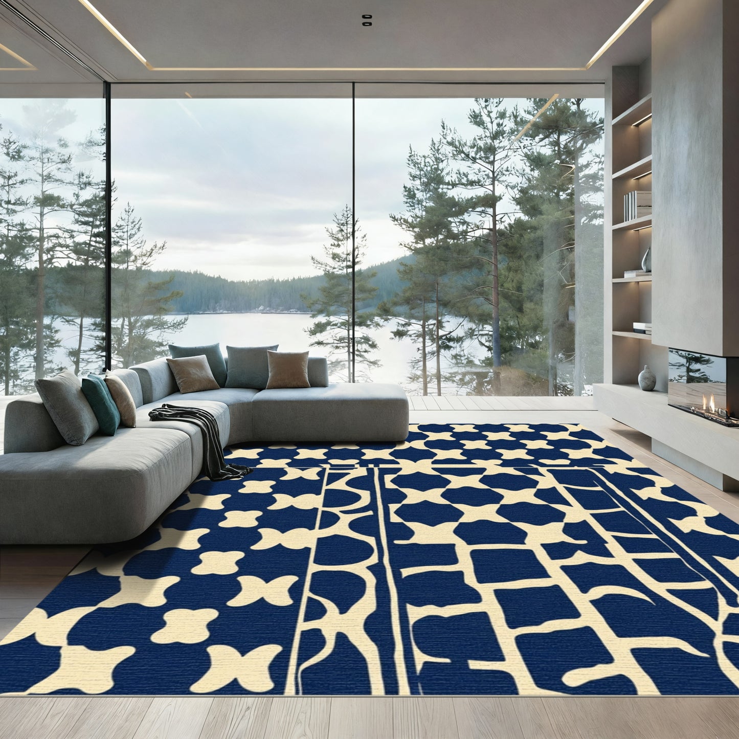 Indigo Bone Geometric Composition Rug