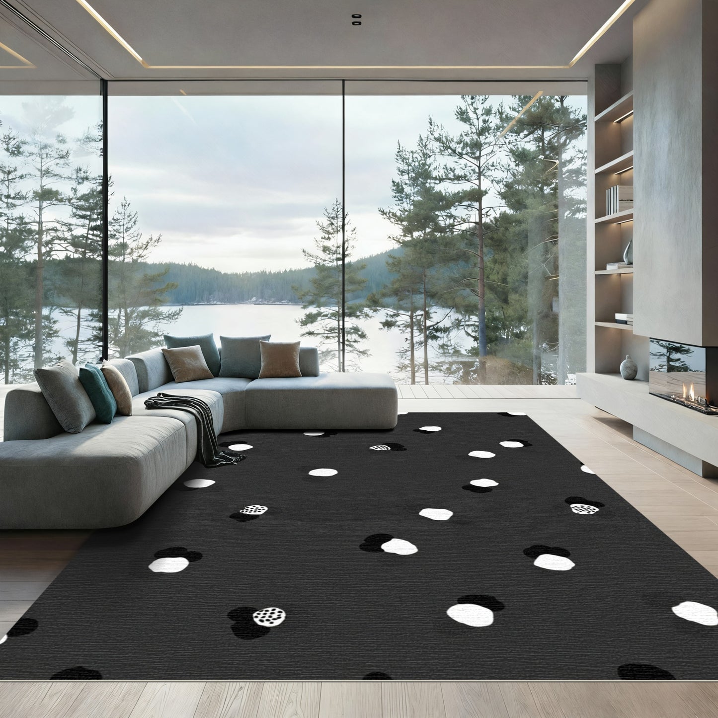 Dark Gray Scattered Floral Dots Rug