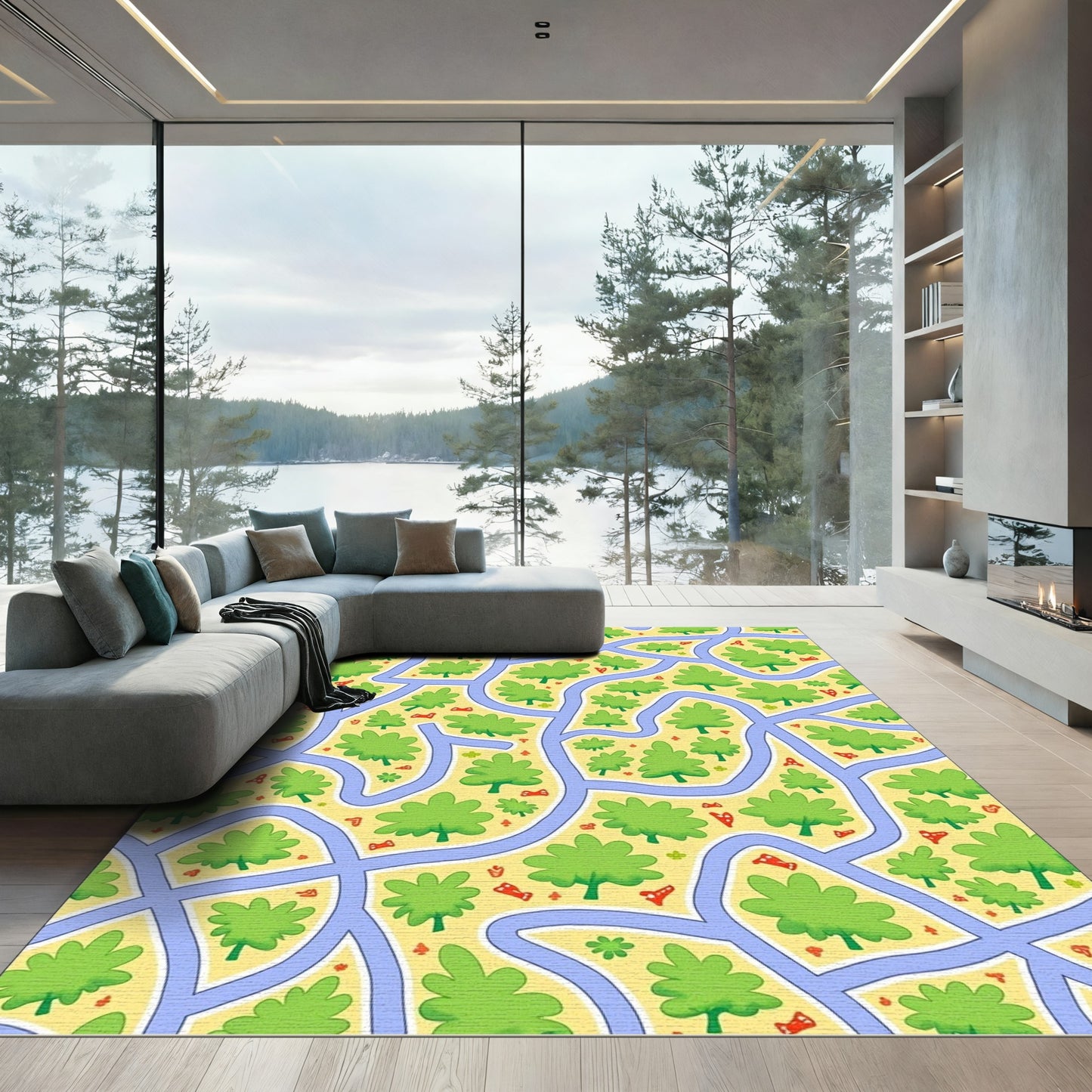 Whimsical Green Tree Landscape Roads Rug