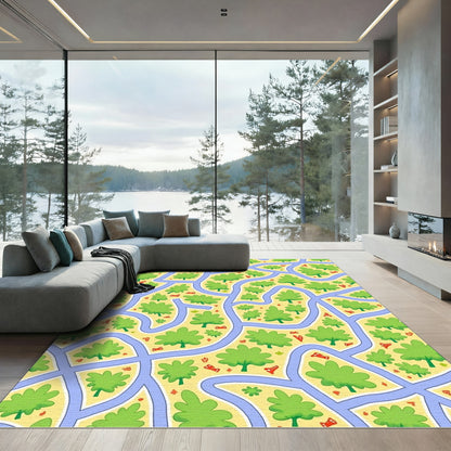 Whimsical Green Tree Landscape Roads Rug