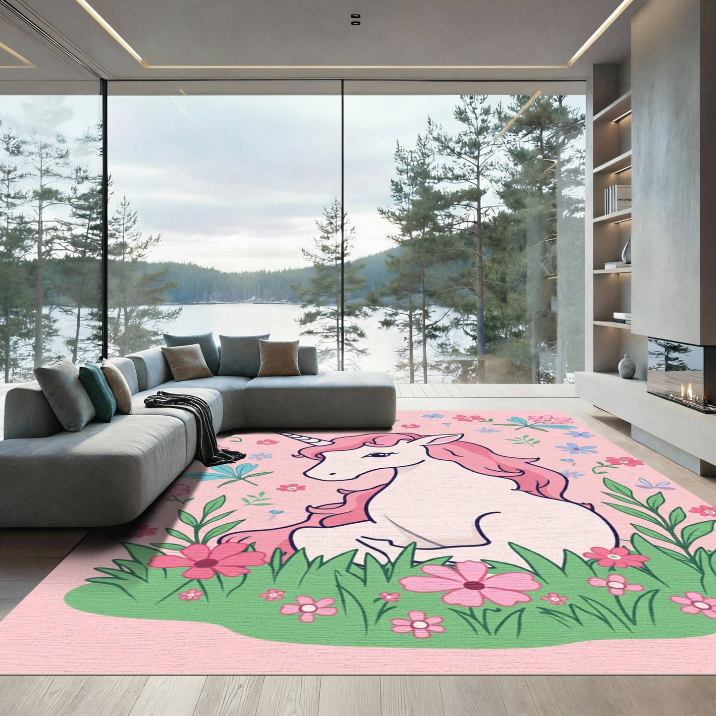 Pink Unicorn Amongst Flowers Meadow Rug