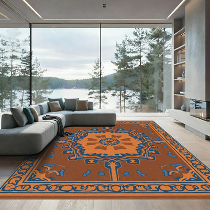 Orange Blue Medallion Bordered Rug