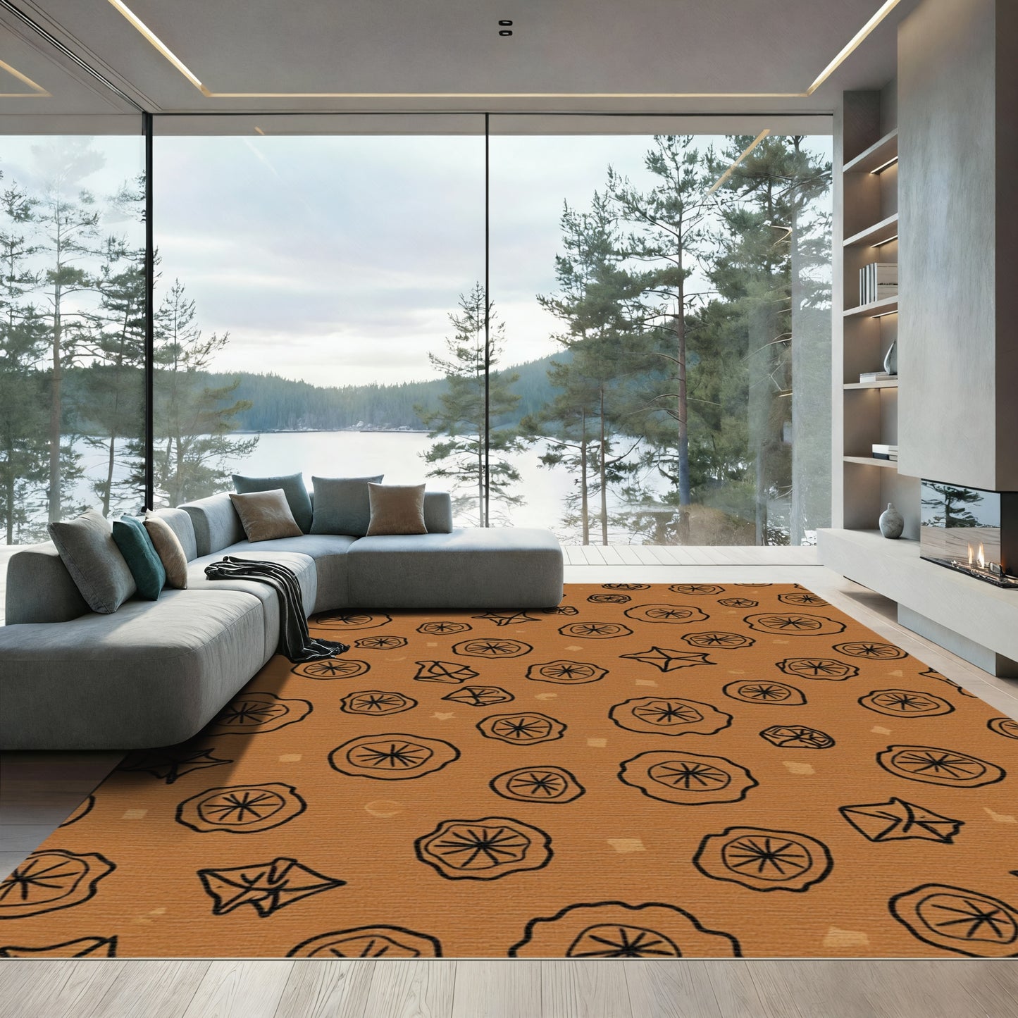 Earthy Orange Abstract Floral Cluster Rug
