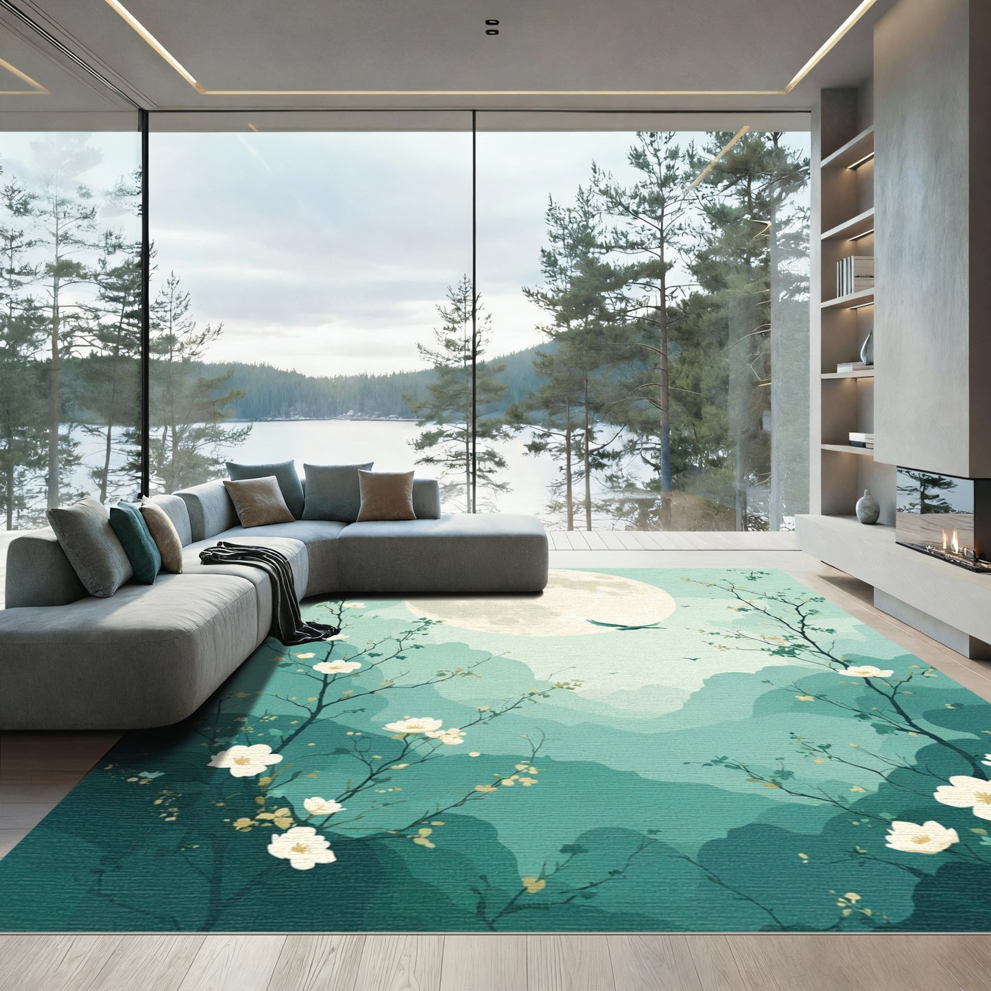 Misty Mountain Moonlit Blossom Scene Rug
