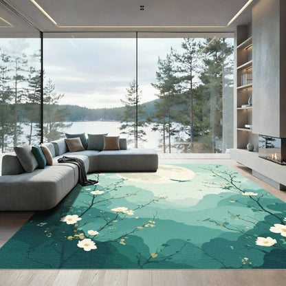 Misty Mountain Moonlit Blossom Scene Rug